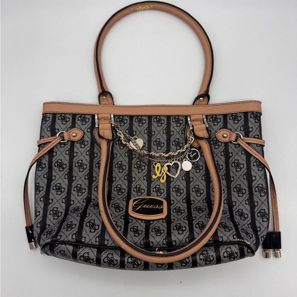 Vintage Guess Black and Tan Shoulder Bag with Monogram Print
